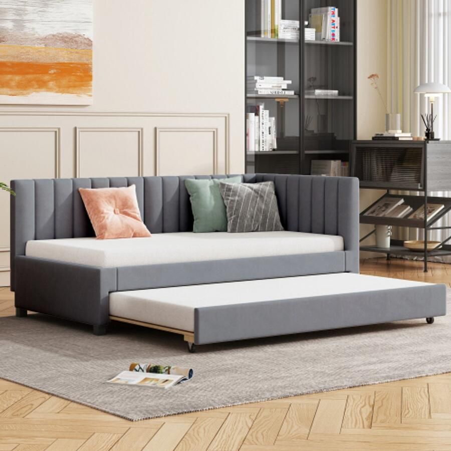 Learnlogic slaapsofa 90x200 cm uitrekbaar slaapsofa multifunctioneel bed met latmatras jeugdbed kinderbed gastbed grijze fluweel