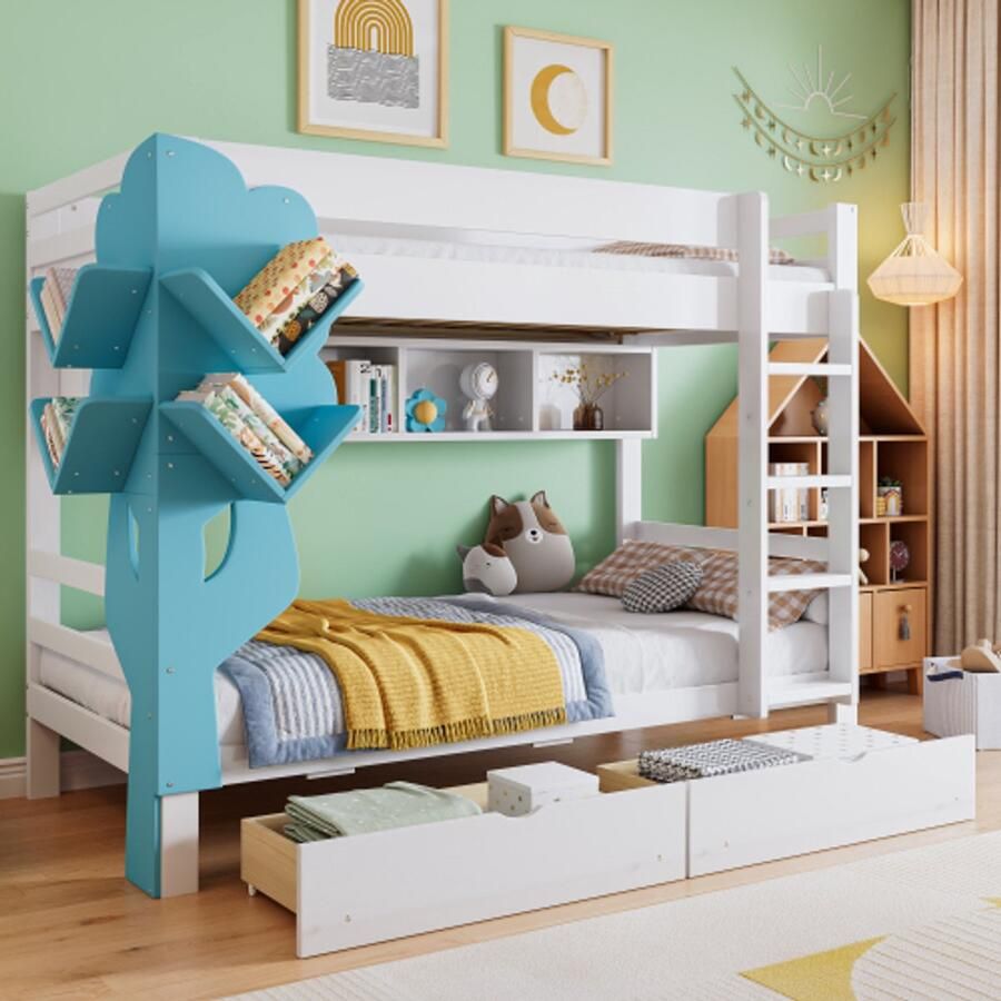 Learnlogic Stapelbed creatief kinderbed boekenkast in de vorm van een boom open plank twee lades met wieltjes met veiligheidshekje veel opbergruimte grenen + MDF wit + blauw 90x200cm