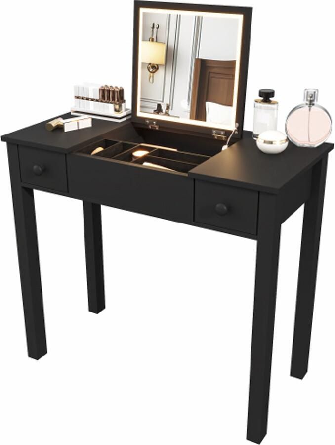 Learnlogic Stijlvolle zwarte kaptafel met LED-verlichting opklapbare spiegel en 2 lades voor damessieraden gelakt