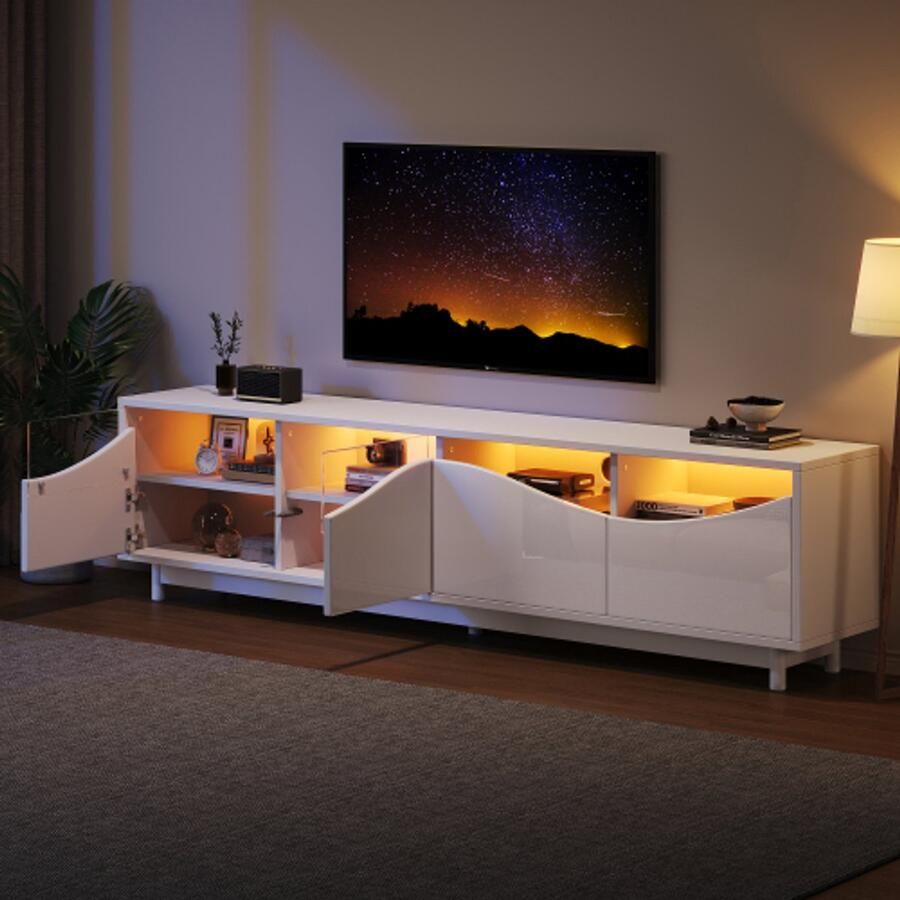 Learnlogic Tv-kast in gebogen ontwerp wit hoogglans kastdeur gemaakt van gehard glas LED-verlichting geschikt als entertainmentmeubilair slaapkamer woonkamer 175 x 38 x 51 cm