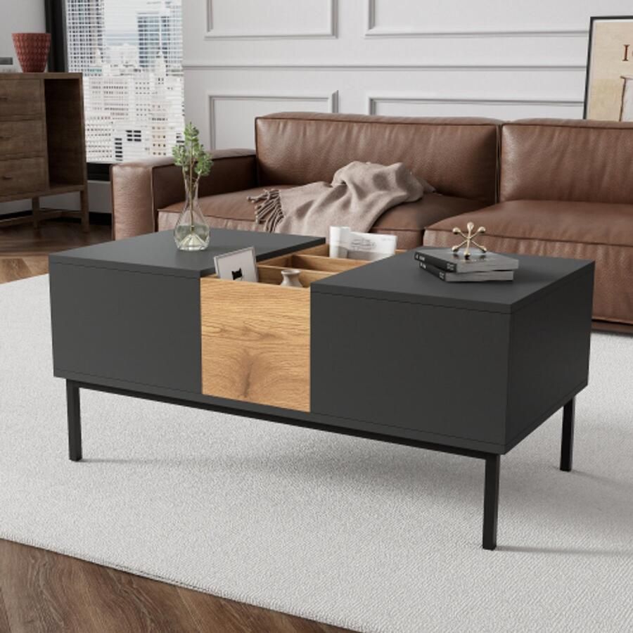 Learnlogic . Verstellbare moderne salontafel zwartgrijs en houtoptiek hoogteverstellbaar flexibel en multifunctioneel 100x50 cm