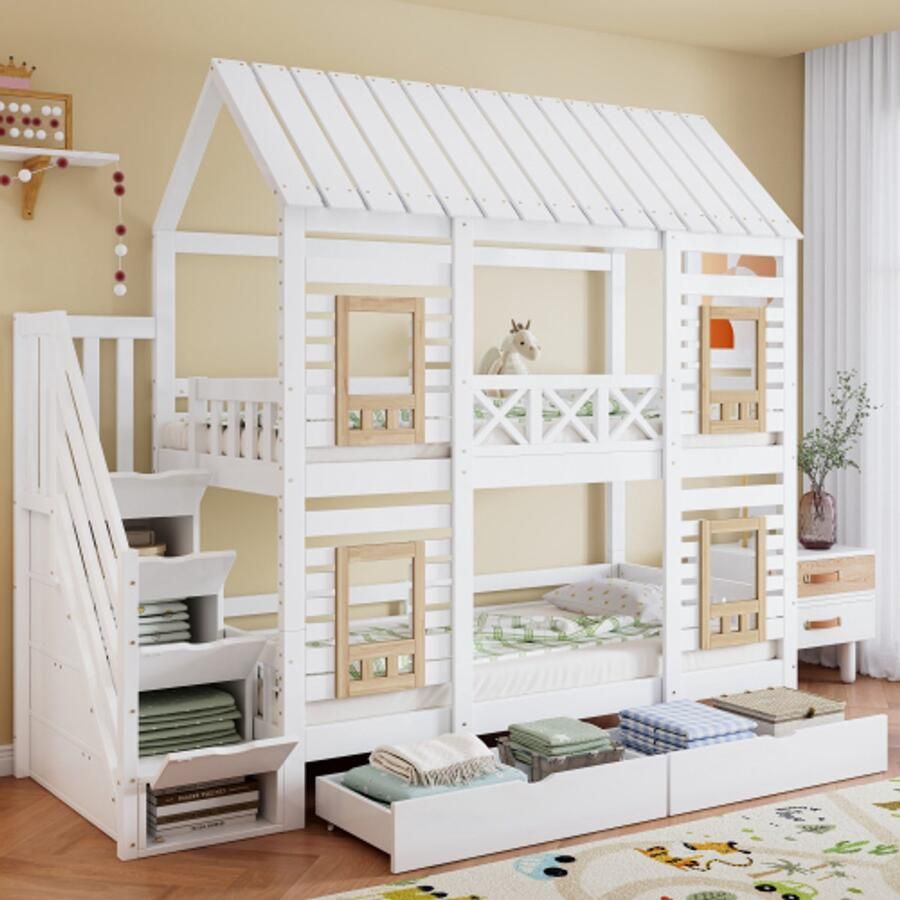 Learnlogic (Voorverkoop Verzending eind oktober) Stapelbed kinderbed met veiligheidshekje in contrasterende kleur met raam twee lades met wielen trap met 4 opbergvakken grenen+MDF wit+naturel 90x200cm