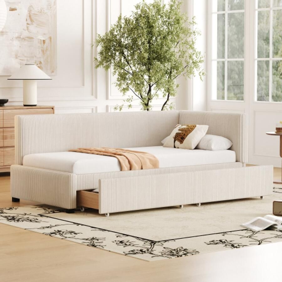 Learnlogic (Voorverkoop Verzending medio september) polsterbed slaapsofa 90x200 multifunctioneel bed met 2 grote opbergladen en latmatras huidvriendelijk fluweel beige