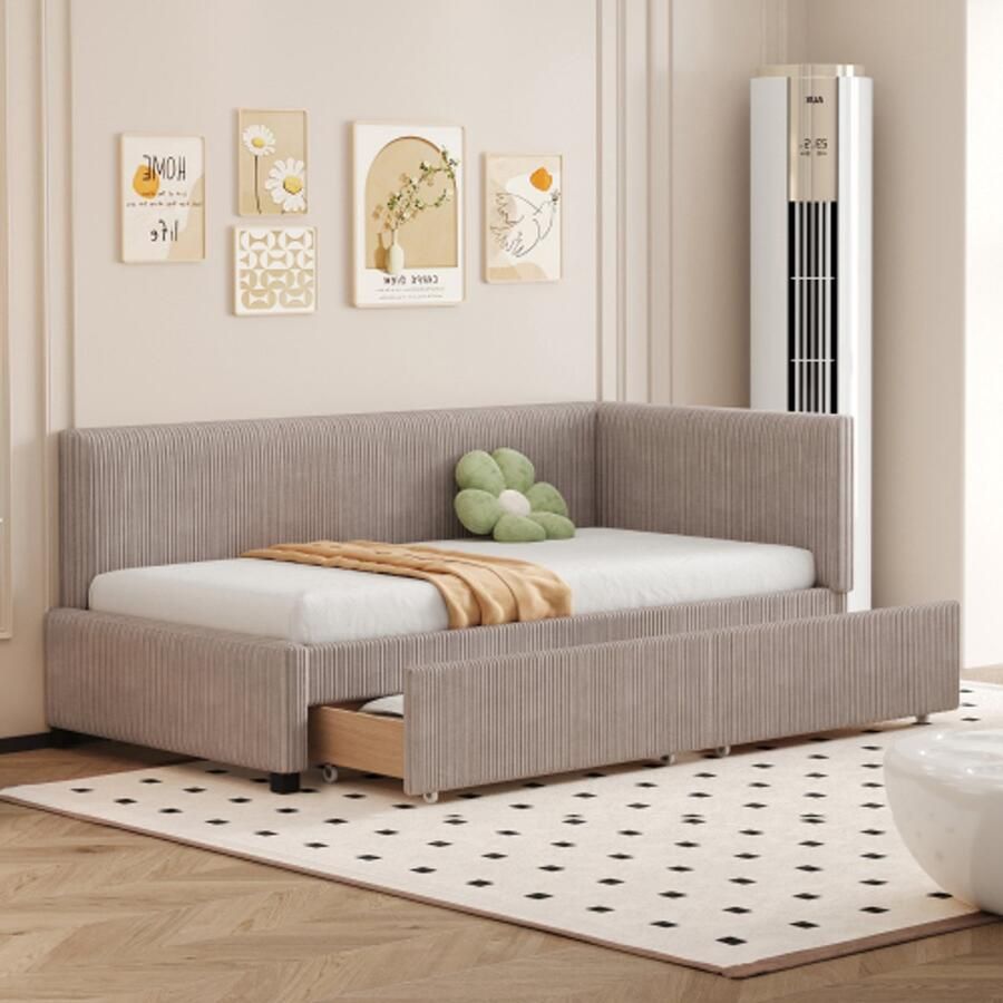 Learnlogic (Voorverkoop Verzending medio september) polsterbed slaapsofa 90x200 multifunctioneel bed met 2 grote opbergladen en latmatras huidvriendelijk fluweel grijs
