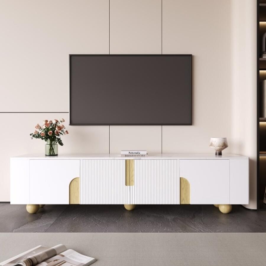Learnlogic Wit tv -kast 180 cm 4 deuren elegant ontwerp marmeren uiterlijk oppervlak bolvormig houten voeten