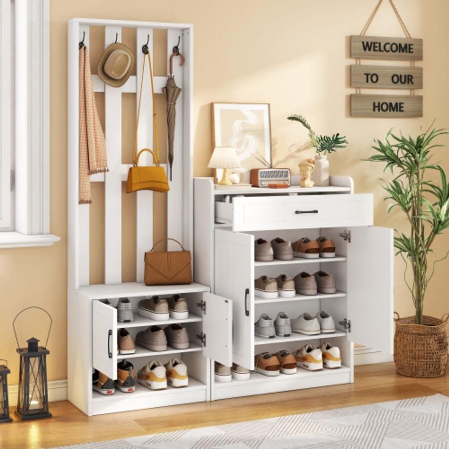 Learnlogic witte garderobeset 140 6x32x180 cm ganggarderobe paneel+ schoenenkasten mat gangmeubels gangdruipstand ganggarderobe schoenwisselset