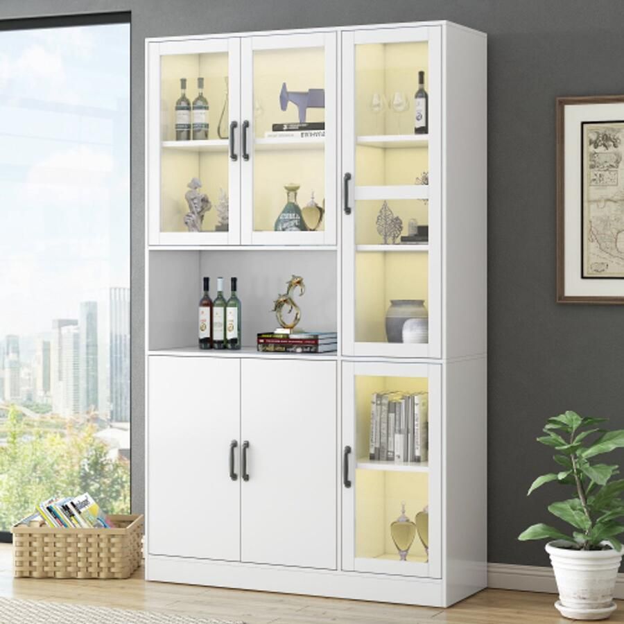 Learnlogic Witte vitrinekast boekenplanken met deuren staande planken voor boeken grote keukenanrichte voorraadkast luxe boekenkast met LED-licht vitrinekast met planken voor woonkamer slaapkamer