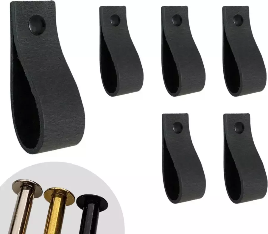 Leather Goodz Leren lusjes Antraciet 6 stuks incl. 3 kleuren schroefjes (leren handgrepen leren handgreepjes leren greepjes)
