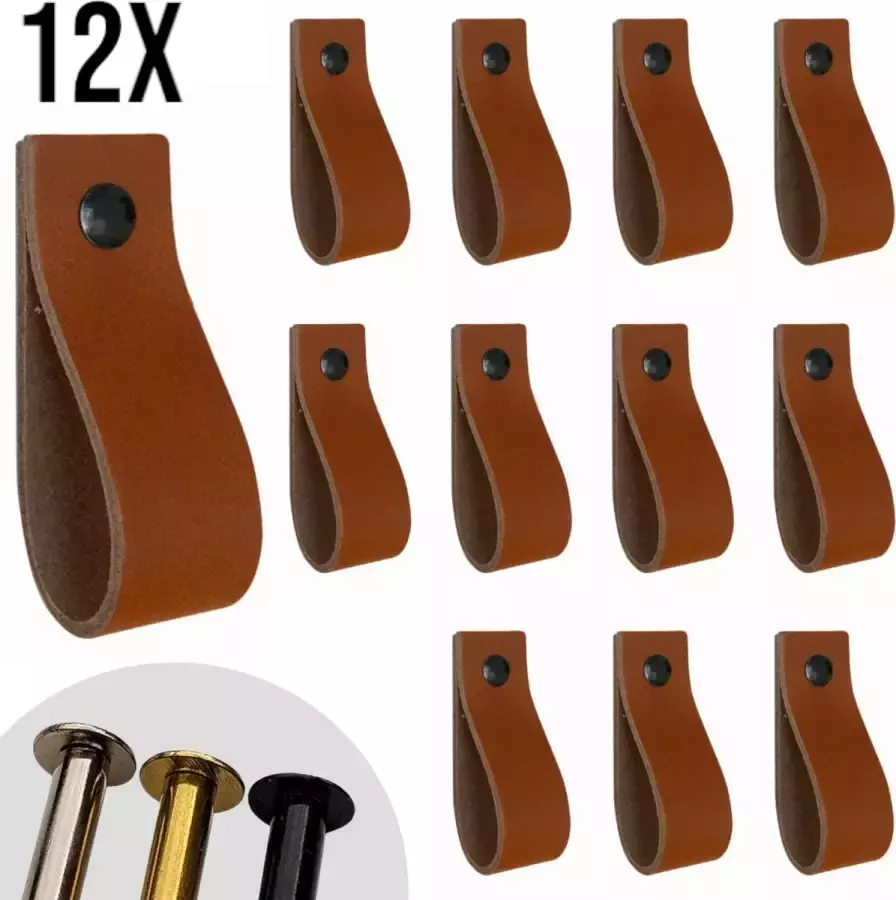 Leather Goodz Leren lusjes Cognac 12 stuks incl. 3 kleuren schroefjes (leren handgrepen leren handgreepjes leren greepjes)