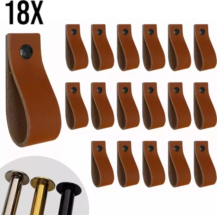 Leather Goodz Leren lusjes Cognac 18 stuks incl. 3 kleuren schroefjes (leren handgrepen leren handgreepjes leren greepjes)