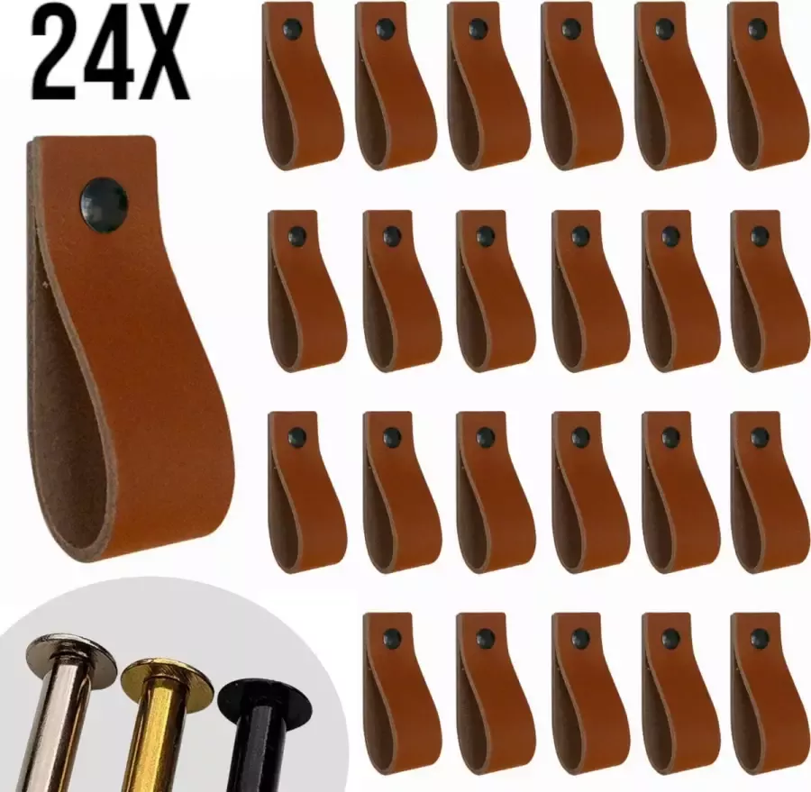Leather Goodz Leren lusjes Cognac 24 stuks incl. 3 kleuren schroefjes (leren handgrepen leren handgreepjes leren greepjes)