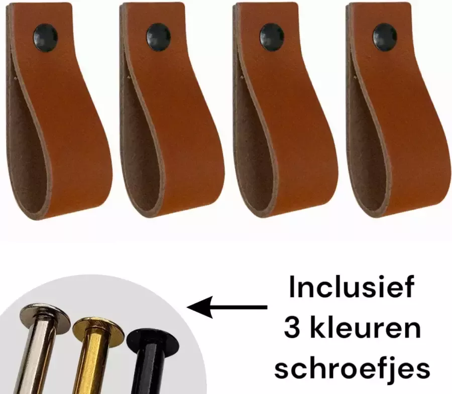 Leather Goodz Leren lusjes Cognac 4 stuks incl. 3 kleuren schroefjes (leren handgrepen leren handgreepjes leren greepjes)