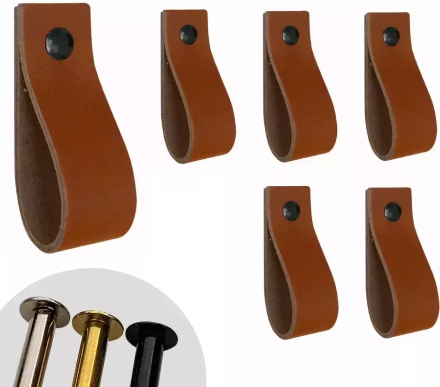 Leather Goodz Leren lusjes Cognac 6 stuks incl. 3 kleuren schroefjes (leren handgrepen leren handgreepjes leren greepjes)