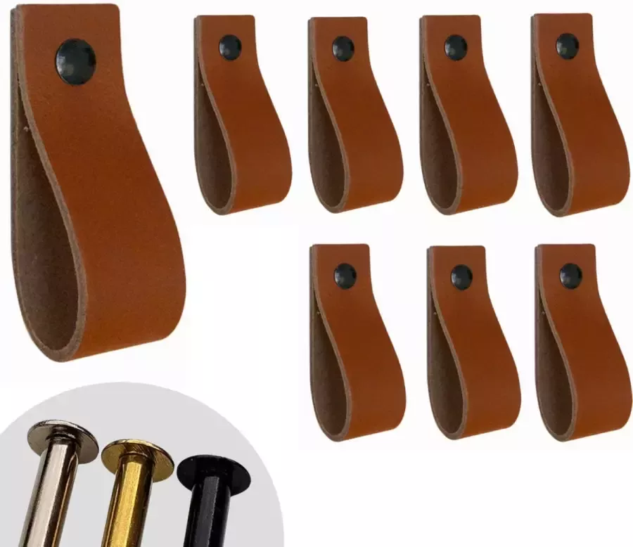 Leather Goodz Leren lusjes Cognac 8 stuks incl. 3 kleuren schroefjes (leren handgrepen leren handgreepjes leren greepjes)