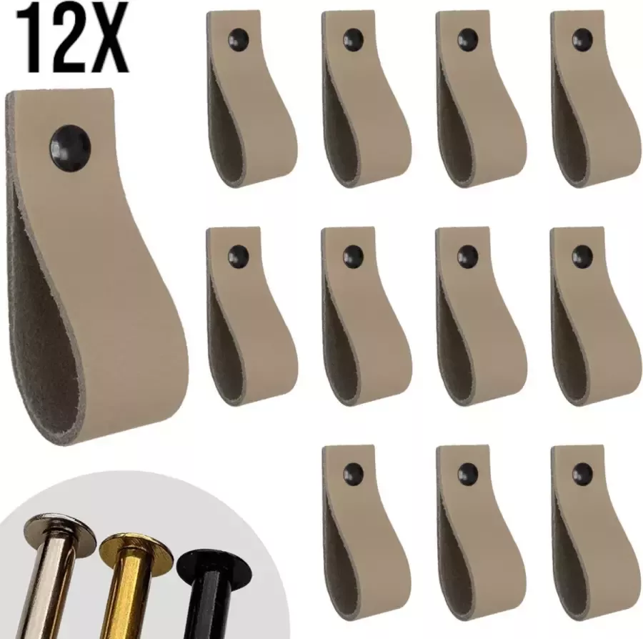 Leather Goodz Leren lusjes Taupe 12 stuks incl. 3 kleuren schroefjes (leren handgrepen leren handgreepjes leren greepjes)