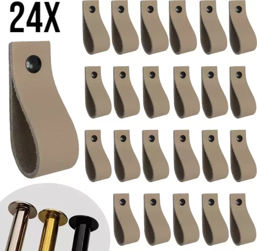 Leather Goodz Leren lusjes Taupe 24 stuks incl. 3 kleuren schroefjes (leren handgrepen leren handgreepjes leren greepjes)