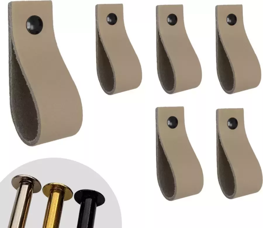 Leather Goodz Leren lusjes Taupe 6 stuks incl. 3 kleuren schroefjes (leren handgrepen leren handgreepjes leren greepjes)