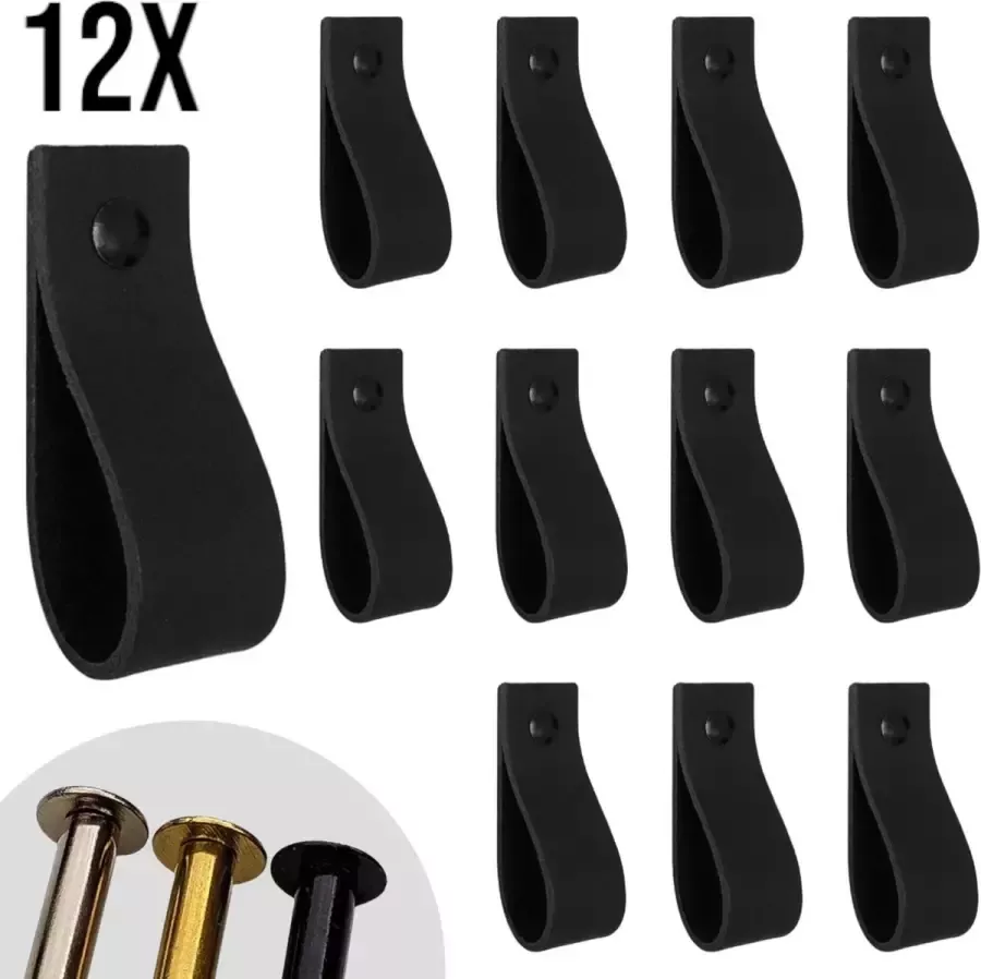 Leather Goodz Leren lusjes Zwart 12 stuks incl. 3 kleuren schroefjes (leren handgrepen leren handgreepjes leren greepjes)