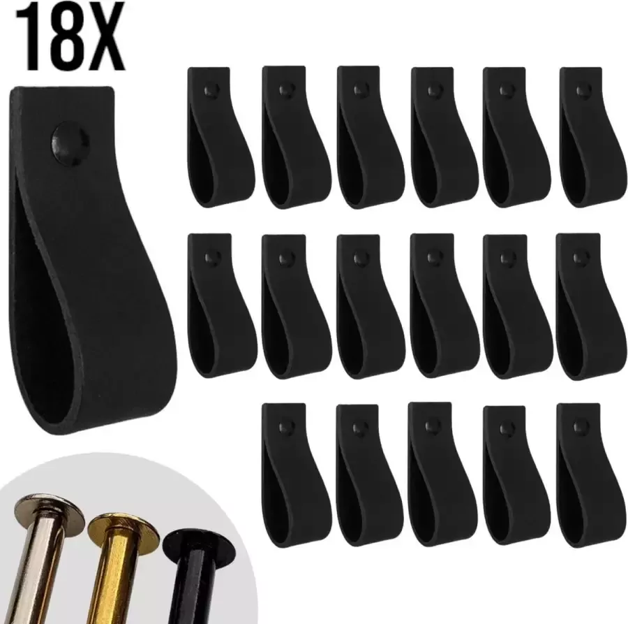 Leather Goodz Leren lusjes Zwart 18 stuks incl. 3 kleuren schroefjes (leren handgrepen leren handgreepjes leren greepjes)