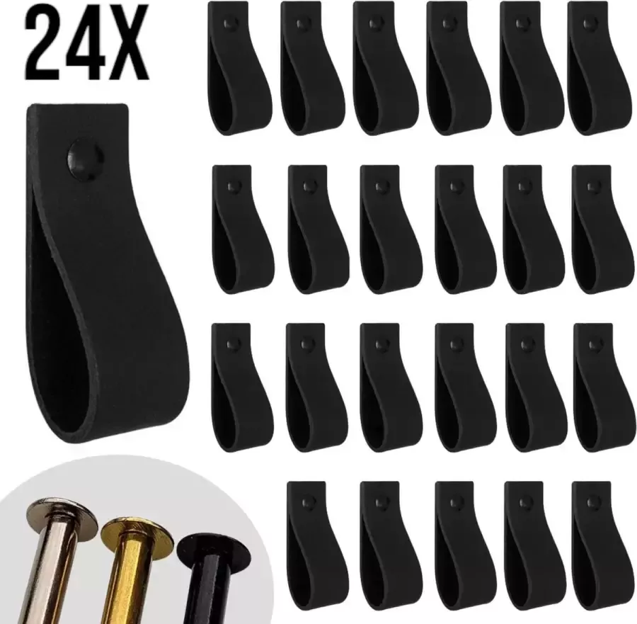 Leather Goodz Leren lusjes Zwart 24 stuks incl. 3 kleuren schroefjes (leren handgrepen leren handgreepjes leren greepjes)