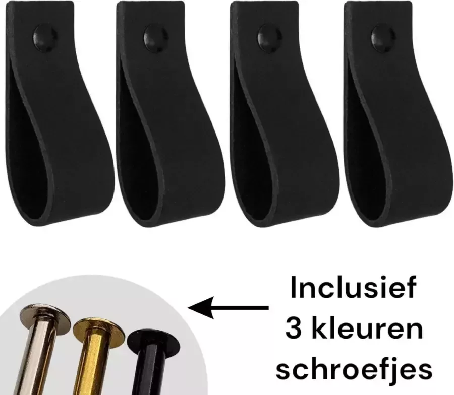 Leather Goodz Leren lusjes Zwart 4 stuks incl. 3 kleuren schroefjes (leren handgrepen leren handgreepjes leren greepjes)