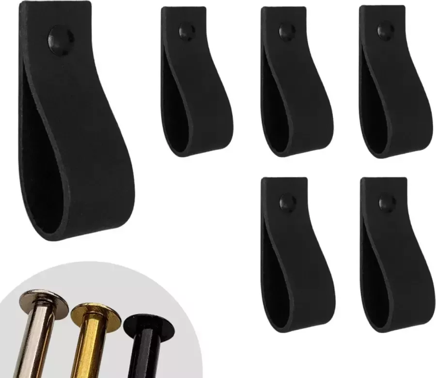 Leather Goodz Leren lusjes Zwart 6 stuks incl. 3 kleuren schroefjes (leren handgrepen leren handgreepjes leren greepjes)