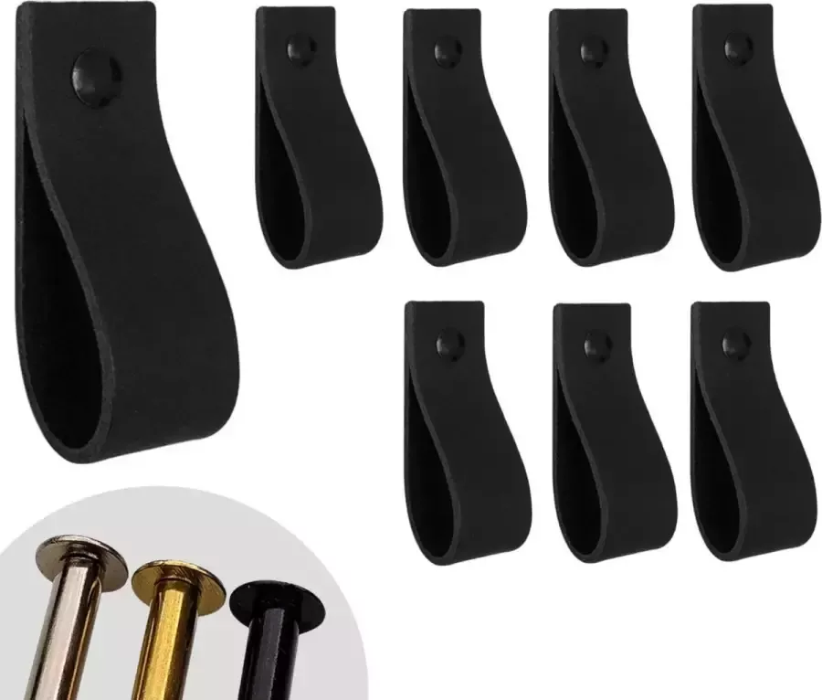 Leather Goodz Leren lusjes Zwart 8 stuks incl. 3 kleuren schroefjes (leren handgrepen leren handgreepjes leren greepjes)
