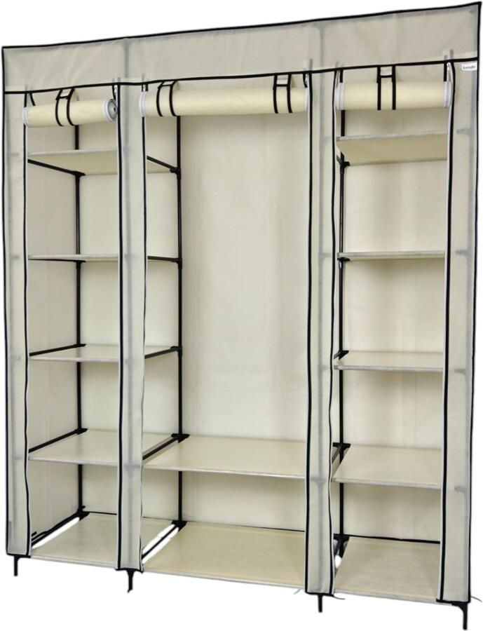 Lendo Online Opvouwbare Kledingkast Garderobekast met ophangrails Opbergkast Campingkast Kampeerkast 145x44x170cm Crème