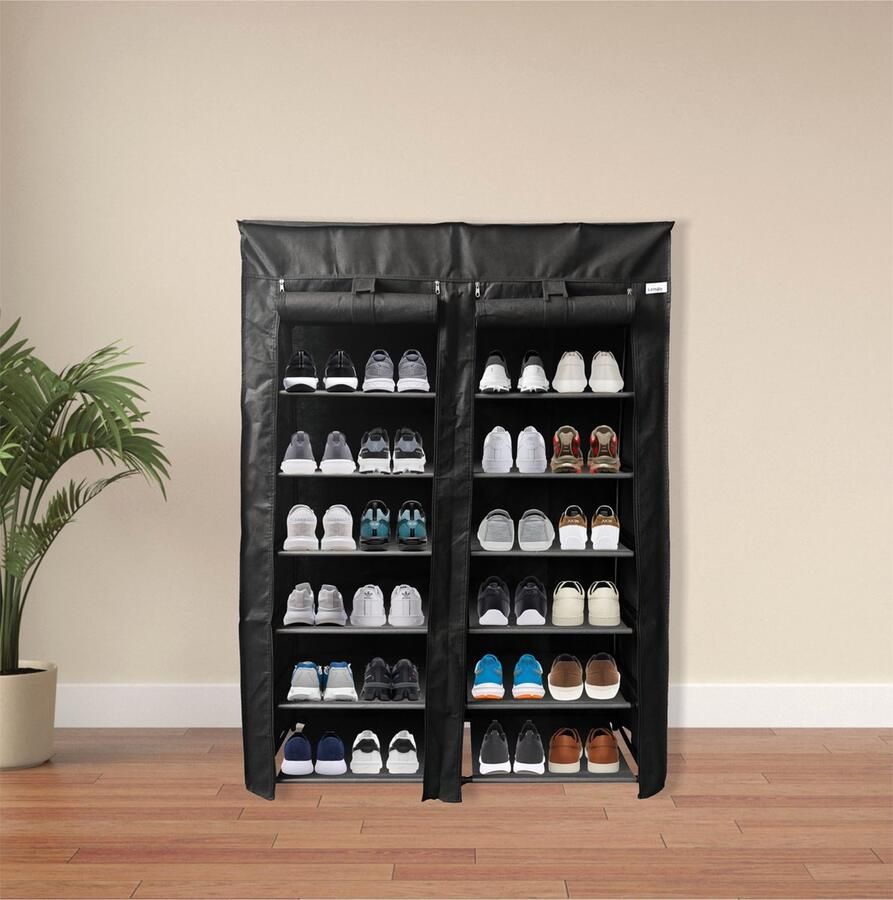 Lendo Online Opvouwbare Schoenenkast 14 vakken Schoenenrek Kledingkast Opbergkast Campingkast Kampeerkast 90x28x126cm Zwart