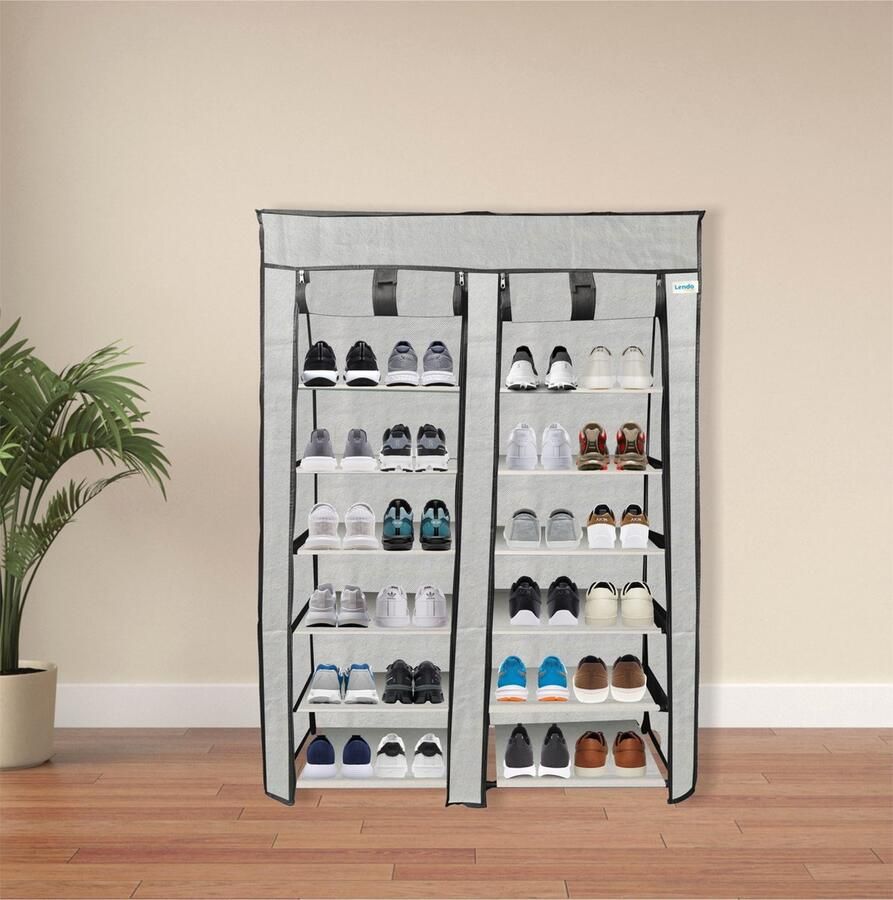 Lendo Online Opvouwbare Schoenenkast 14 vakken Schoenenrek Kledingkast Opbergkast Campingkast Kampeerkast 90x28x126cm Grijs