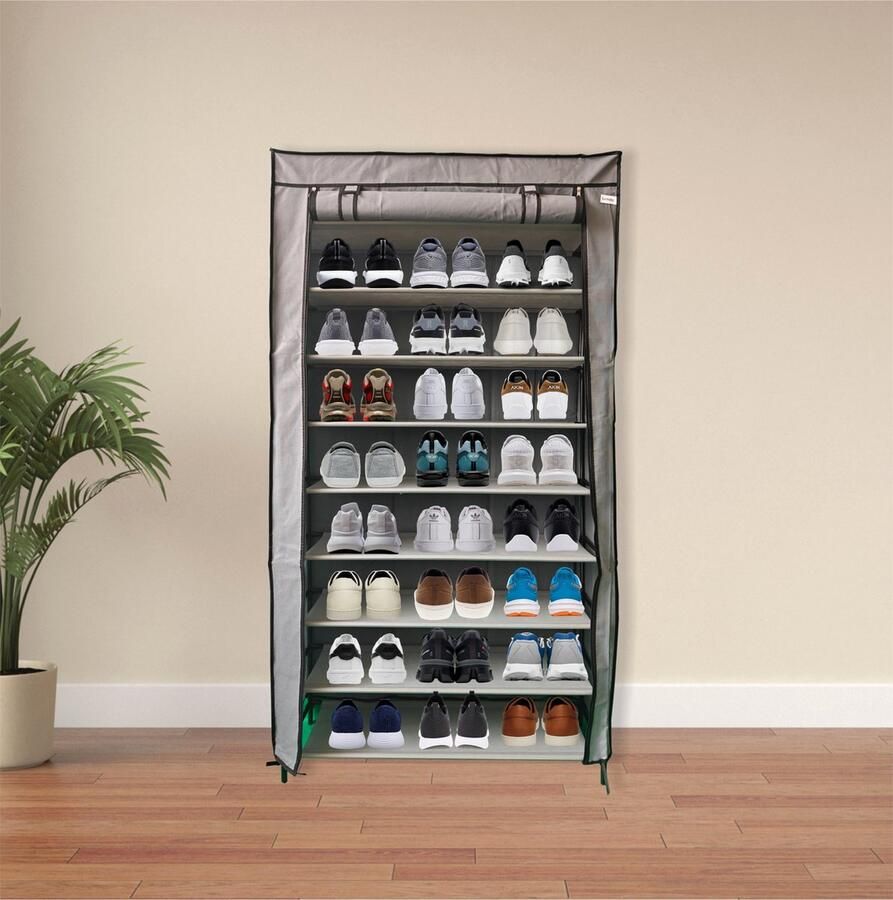 Lendo Online Opvouwbare Schoenenkast 9 vakken Schoenenrek Kledingkast Opbergkast Campingkast Kampeerkast 90x28x163cm Grijs