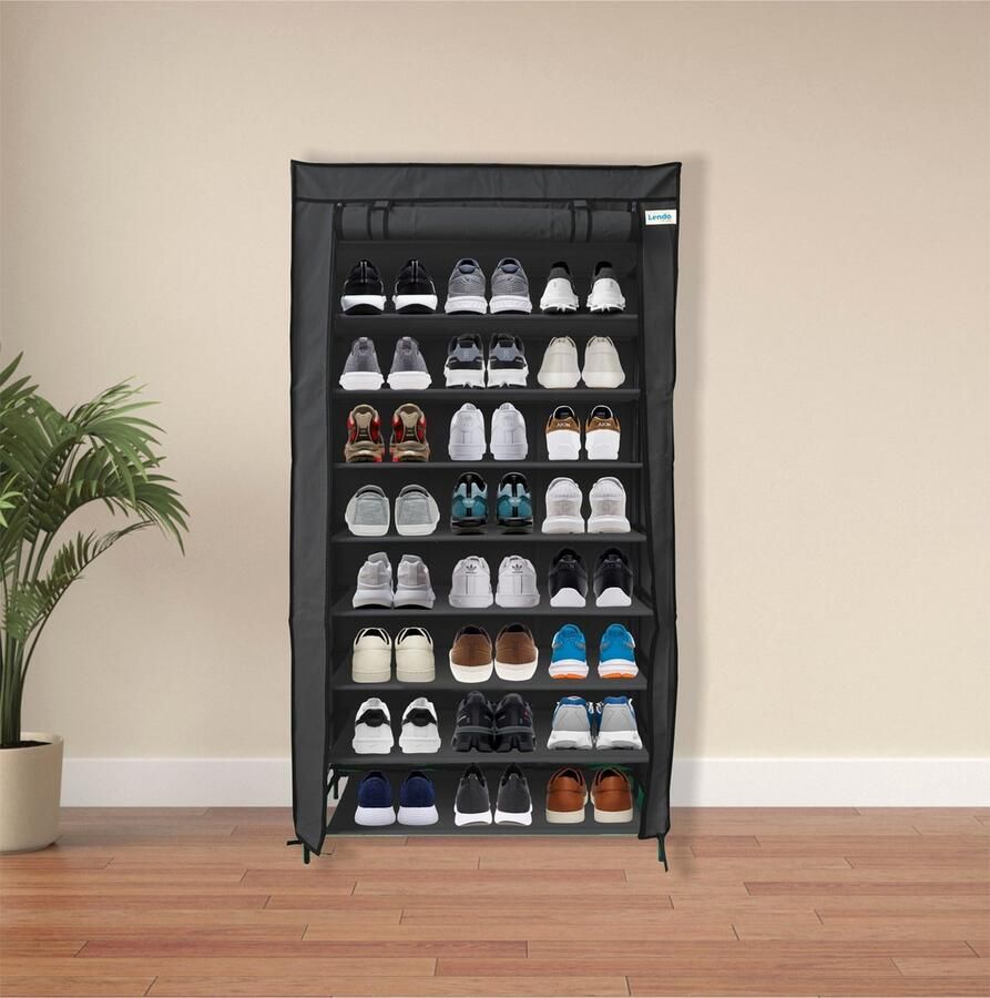 Lendo Online Opvouwbare Schoenenkast 9 vakken Schoenenrek Kledingkast Opbergkast Campingkast Kampeerkast 90x28x163cm Zwart