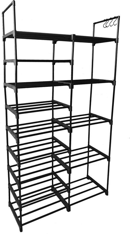 Lendo Online Opvouwbare Schoenenrek 16 vakken en handige haken Schoenenkast Opbergkast Campingkast Kampeerkast 86x31x158cm Zwart