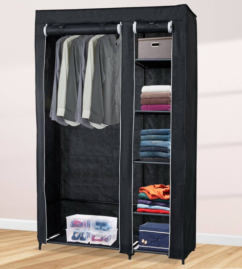 Lendo Online Opvouwbare Kledingkast Garderobekast met ophangrails Opbergkast Campingkast Kampeerkast 110x45x175cm Zwart