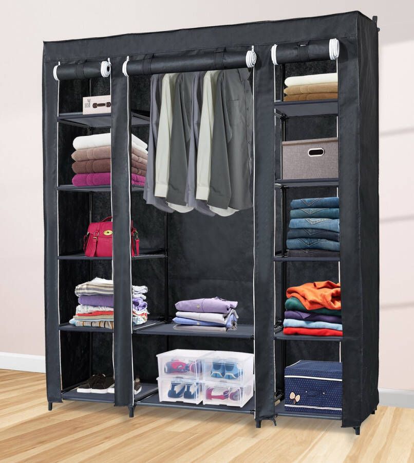 Lendo Online Opvouwbare Kledingkast Garderobekast met ophangrails Opbergkast Campingkast Kampeerkast 150x45x175cm Zwart