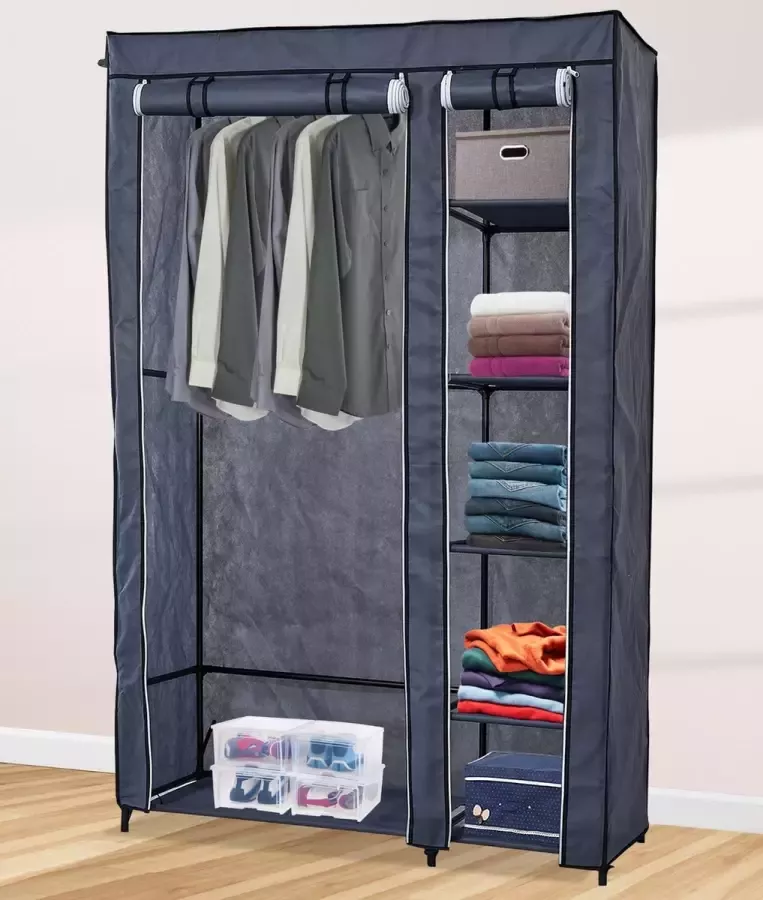 Lendo Online Opvouwbare Kledingkast Garderobekast met ophangrails Opbergkast Campingkast Kampeerkast 110x45x175cm Grijs