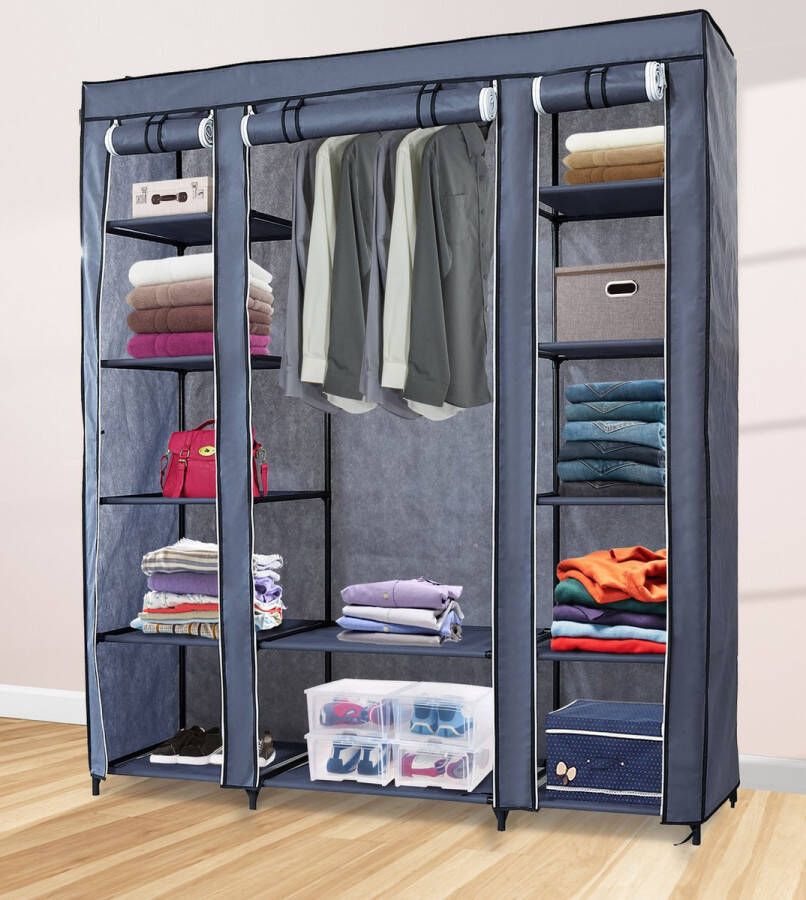 Lendo Online Opvouwbare Kledingkast Garderobekast met ophangrails Opbergkast Campingkast Kampeerkast 150x45x175cm Grijs - Foto 2