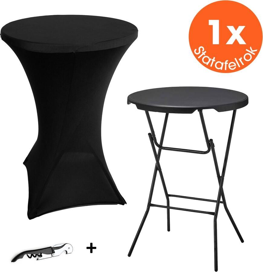 Lenx 1x Zwarte Statafel Set van 2 ø70x110 cm Inclusief 1x Zwarte Statafelrok en 1x Wijnopener Statafels Inklapbaar Cocktailtafel Hoge Staan Tafel Staantafel Partytafel Zwart