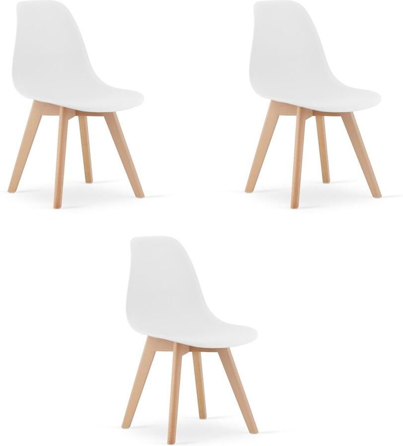 LEOBERT Set van 3 Eetkamerstoelen KITO – Wit – Beuken Poten – Kuipstoel met Kunststof Zitting – Tijdloos Design Functioneel en Duurzaam Geschikt voor Woonkamer Eetkamer en Kantoor