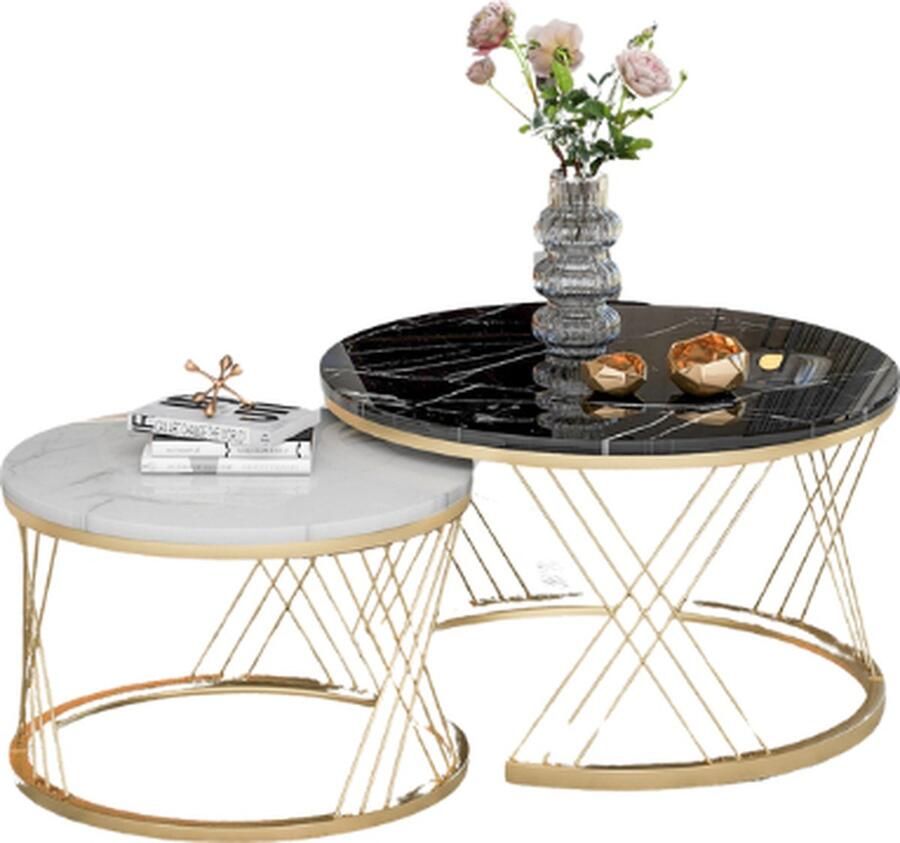 Leonova salontafel rond salontafel zwart wit- set van 2 gouden frame 70x70x45 cm + 45x45x40 cm elegant