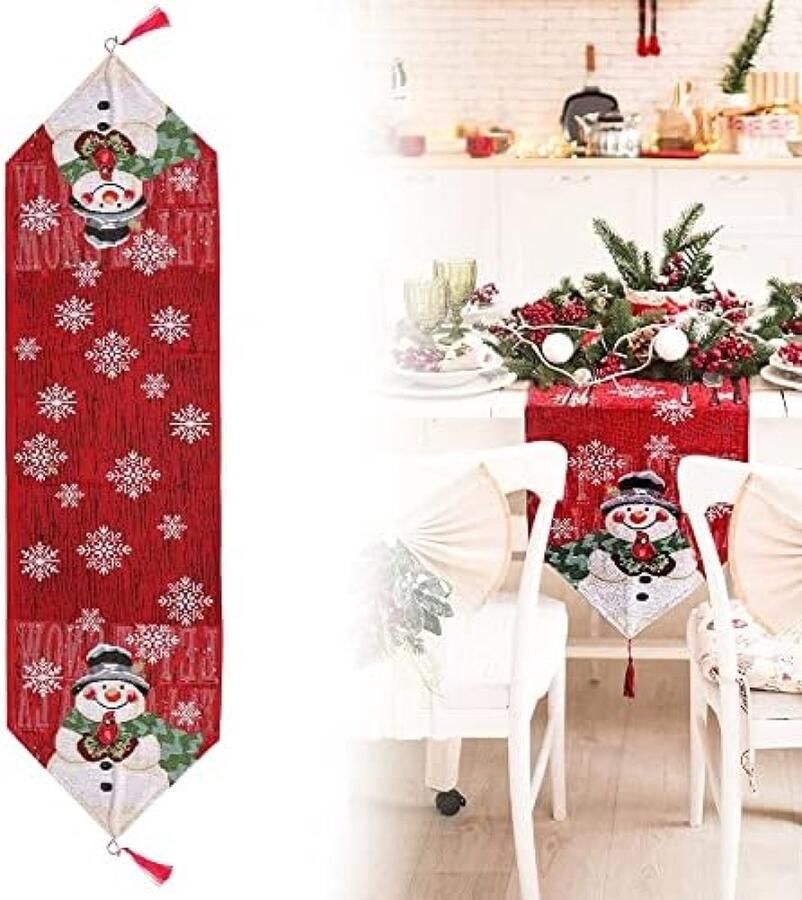 Lexium Kerst Tafelloper Rode Kerst Tafelkleed Rechthoekig Lange Xmas Tafellopers Sneeuwvlok Sneeuwpop Kerstloper Tafelhoes voor Xmas Eettafels Decoraties 33 x 183 cm
