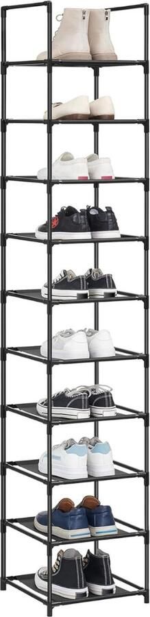 Lexium Schoenenrek Opbergen van Schoenen Schoenenbank 10 niveaus Open Schoenenkast Opbergkast van Schoenen Industrieel Smal en Hoog 33 x 33 x 173 cm Metalen Frame Zwart
