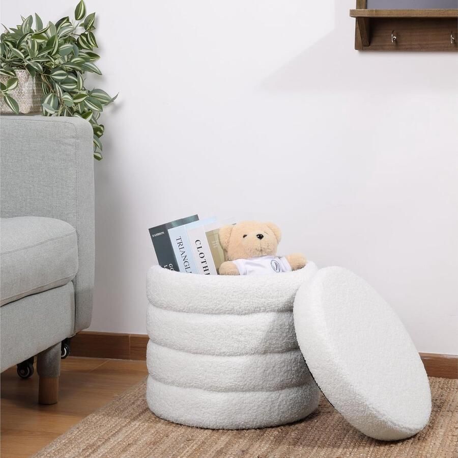 Ronde opbergpoef met bouclé stof 37 x 40 x 37 cm Decoratieve hocker en voetensteun