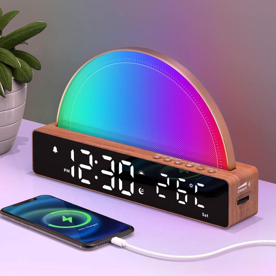 ShopHaven Wekker met Licht Weklicht Alarmklok Wit Geluid Machine Bedlamp Dimmbare Tafel Lamp met 10 Slaap Hulp Geluiden Snooze Timer Temperatuurweergave USB Oplaadstation Perfect Cadeau