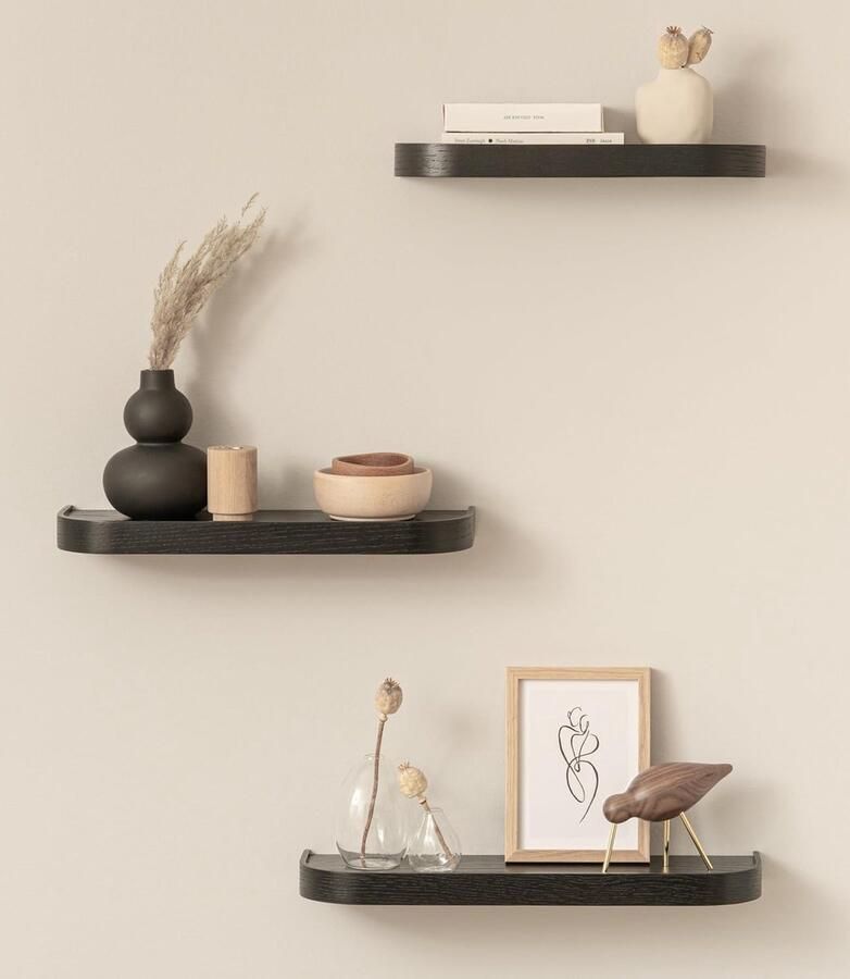 Famanu Wandplank-Set 'Neva' 3 zwevende wall shelves in echt houtfineer Floating shelf als wanddecoratie en opbergruimte voor badkamer woonkamer keuken slaapkamer en meer Wit