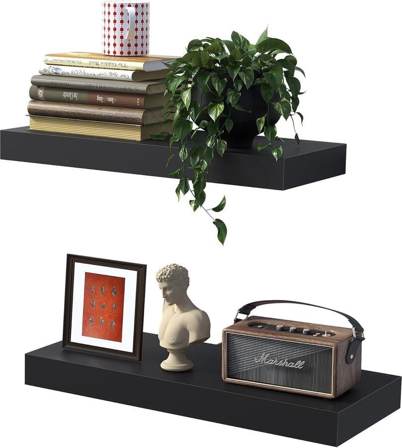 Houten zwevende planken set van 2 40 cm tot 10 kg zwart voor badkamer slaapkamer woonkamer keuken kantoor etc