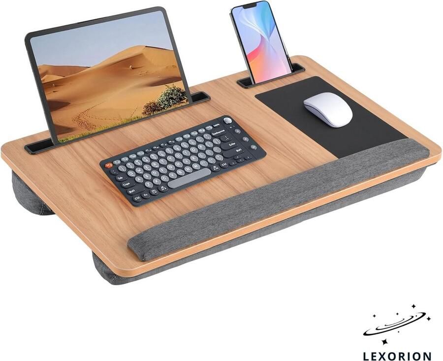 Lexorion Elite Laptoptafel – Bedtafel – Ergonomische Schoottafel met Muismat & Polssteun – Draagbare Lapdesk voor Bed & Bank – 55 5x34x6 5cm – Laptoptafel Bijzettafel – Walnoot