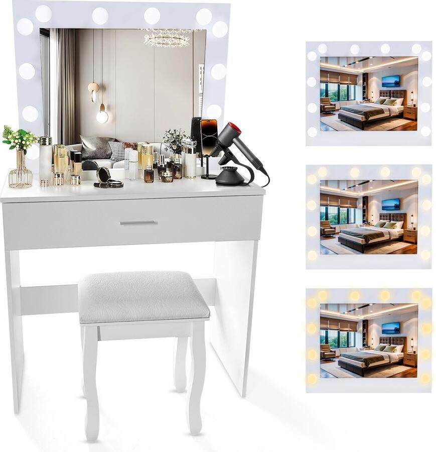 Lexorion Elite Make Up Tafel Kaptafel met LED Spiegel 1 Grote Lade Touchscreen Verlichting Stopcontact Wit Bureau & Make-up Hoek