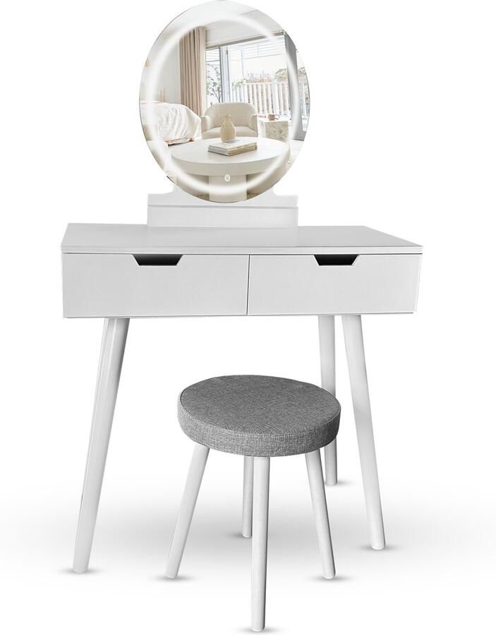 Lexorion Elite Make Up Tafel – Kaptafel met LED Spiegel – Herschrijfbare Touchscreen Verlichting – 2 Lades – Draaibare Ronde Spiegel – Wit – Bureau & Make-up Hoek