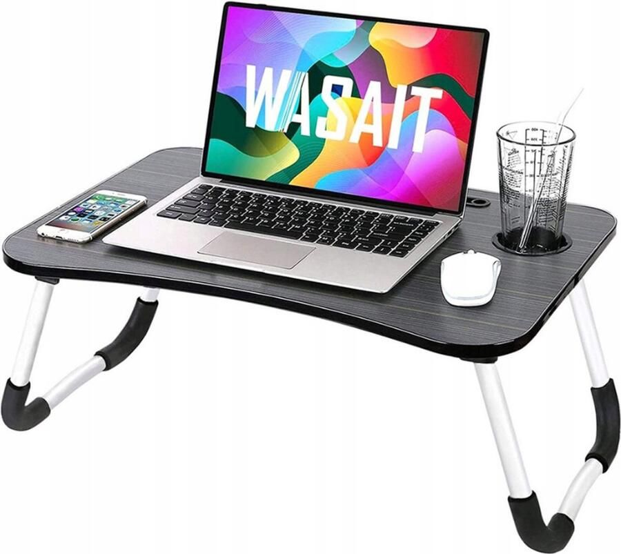 Lexorion Laptoptafel – Bedtafel – Kantelbare Laptoptafel – Verstelbare en Opvouwbare Laptop Tafel met Bekerhouder – 60x40x26cm – Laptoptafel Bijzettafel – Zwart